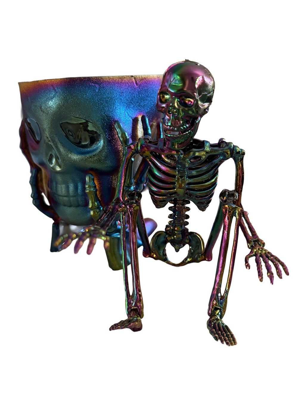 NWOT Iridescent Skeleton Set - Candy/Snack Dish & 15” Poseable Skelton (Ashland)